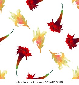 Yellow Guzmania. Red Hibiscus. Vector illustration. Seamless background pattern. Floral botanical flower. Wild leaf wildflower isolated. Exotic tropical hawaiian jungle. Fabric wallpaper print.