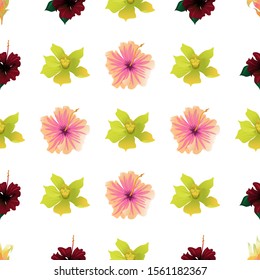 Yellow Guzmania. Red Rose Mallow. Pink Hibiscus. Yellow Orchid. Vector illustration. Seamless background pattern. Floral botanical flower. Wild leaf wildflower isolated. Exotic tropical hawaiian.