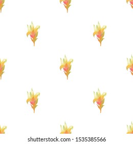 Yellow Guzmania. Vector illustration. Seamless background pattern. Floral botanical flower. Wild leaf wildflower isolated. Exotic tropical hawaiian jungle. Fabric wallpaper print texture.