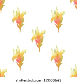 Yellow Guzmania. Vector illustration. Seamless background pattern. Floral botanical flower. Wild leaf wildflower isolated. Exotic tropical hawaiian jungle. Fabric wallpaper print texture.