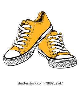 Yellow gym shoes - by hand the drawn illustration. Vector art.