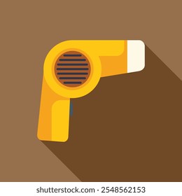 Yellow hair dryer blowing hot air, depicted in a flat design style with a long shadow