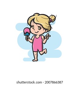 Yellow Hair Girl with Pink Swimwear at The Beach in Summer Time