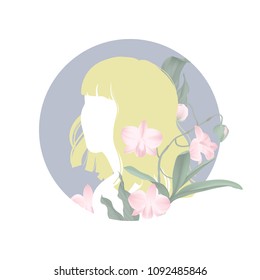 Yellow hair girl silhouette with blooming pink Dendrobium orchid flowers in blue circle frame