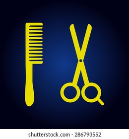 Yellow hair salon with scissors and comb icon - vector illustration  on a blue background