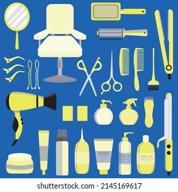 Yellow hair styling tools kit set isolated on blue background. Flat style accessories, shampoo, comb, hair curler, hairdryer, hair straightener, hairbrush, hairspray, mirror, hairpins ecc.