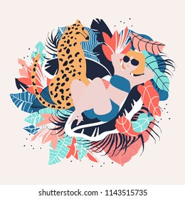 Yellow Hair Tropical Girl with Cheetah. Summer paradise in tropical jungles with wild animal, beautiful girl, and fantastic florals. 
