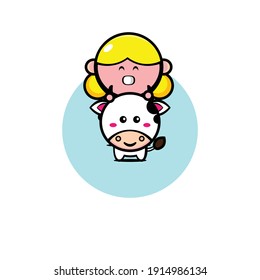 Yellow haired girl character illustration design riding a cute cow