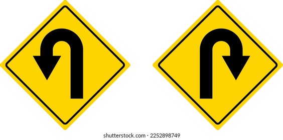 Yellow hairpin curve to right and left. Road sign. Vector illustration.