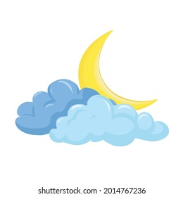 Yellow half moon with clouds on white background, Vector illustration