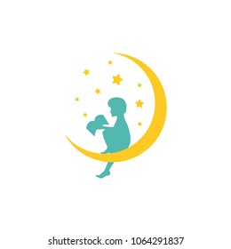 Yellow Half Moon And Stars And Boy With Book. Kids Fantasy. Isolated On White. Flat Design. Vector Illustration. Children Reading. Fairytale Logo. 