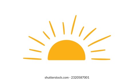 Yellow half sun icon in doodle style. Hand drawn sunset simple graphic symbol. Summer heat icon. Half round solar element. Vector illustration isolated on white background.