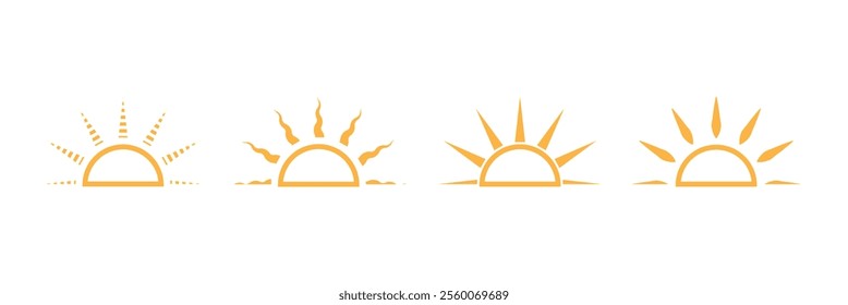 Yellow half sun icon in doodle style. Hand drawn sunset simple graphic symbol. Summer heat icon. Half round solar element. Vector illustration isolated on white background. Half sun icon set. EPS 10.