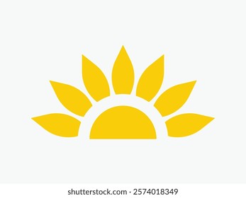 Yellow half sun icon, including shining rays, sunset designs, solar energy, and star-inspired illustrations. Perfect for representing warmth, tanning, and bright energy.