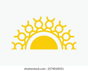 Yellow half sun icon, including shining rays, sunset designs, solar energy, and star-inspired illustrations. Perfect for representing warmth, tanning, and bright energy.