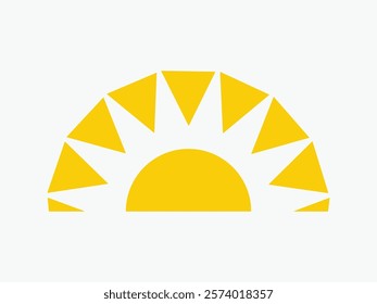 Yellow half sun icon, including shining rays, sunset designs, solar energy, and star-inspired illustrations. Perfect for representing warmth, tanning, and bright energy.