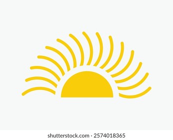 Yellow half sun icon, including shining rays, sunset designs, solar energy, and star-inspired illustrations. Perfect for representing warmth, tanning, and bright energy.