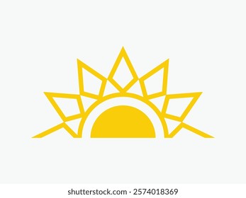 Yellow half sun icon, including shining rays, sunset designs, solar energy, and star-inspired illustrations. Perfect for representing warmth, tanning, and bright energy.