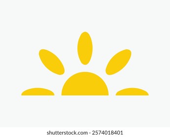 Yellow half sun icon, including shining rays, sunset designs, solar energy, and star-inspired illustrations. Perfect for representing warmth, tanning, and bright energy.