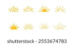 yellow half sun icon set. Hand drawn summer elements. isolated on white background. isolated on white background. hot solar energy for tan. sun icon 