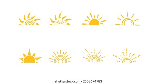 yellow half sun icon set. Hand drawn summer elements. isolated on white background. isolated on white background. hot solar energy for tan. sun icon 