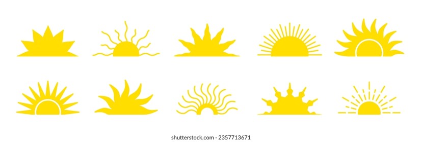 Gelbe Halbsonne Symbol, Vektorset. Kollektion von Sonnenaufgang oder Sonnenuntergang. Sonnenstrahlen