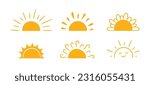 Yellow half sun icons set in doodle style. Hand drawn sunset simple graphic symbols. Summer heat icons. Half round solar element. Vector illustration isolated on white background.