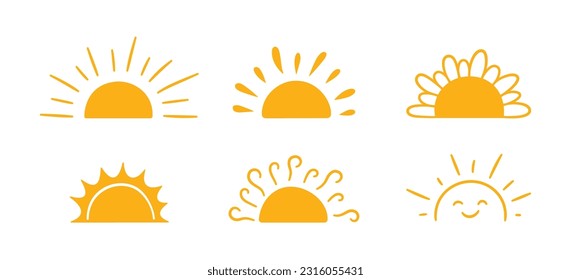 Yellow half sun icons set in doodle style  Hand drawn sunset simple graphic symbols  Summer heat icons  Half round solar element  Vector illustration isolated white background 