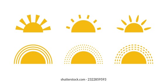 Iconos amarillos de medio sol ajustados en estilo plano. Símbolos gráficos sencillos al atardecer. Iconos de calor de verano. Medio elemento solar redondo. Ilustración vectorial aislada en fondo blanco.