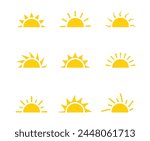 Yellow half sun vector icon logo. Silhouette circle sun summer sunshine collection half sunrise symbol morning icon