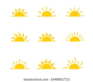 Yellow half sun vector icon logo. Silhouette circle sun summer sunshine collection half sunrise symbol morning icon