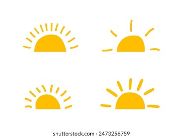 Logotipo amarillo del Vector del medio sol. Silueta círculo sol verano sol colección media salida del sol símbolo de la mañana