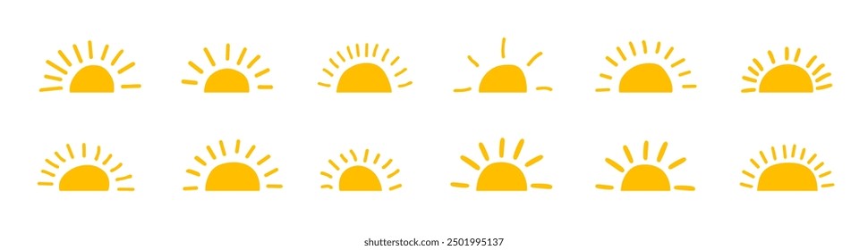 Logotipo amarillo del icono del Vector del medio sol. Silueta círculo sol verano sol colección medio amanecer símbolo icono de la mañana