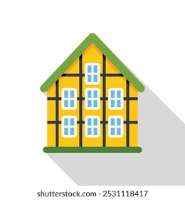 Yellow half timbered house with green roof flat design icon with long shadow illustration