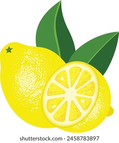 Yellow half and whole lemon with leaves