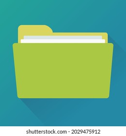 Yellow half-open folder filled with paper on a blue background (flat design)