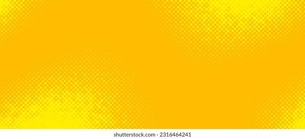 Yellow halftone background. Retro comic grain texture. Pixelated dots cartoon wallpaper. Pop art faded gradient pattern. Vector backdrop.