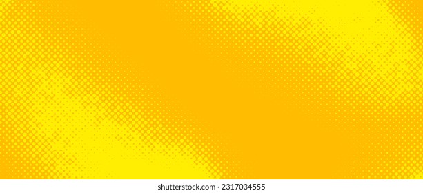 Yellow halftone background. Retro comic grain texture. Pixelated dots cartoon wallpaper. Pop art fading gradient pattern. Vector backdrop.