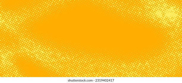 Yellow halftone background. Retro comic grain texture. Pixelated dots cartoon wallpaper. Pop art fading wavy gradient pattern. Vector backdrop.