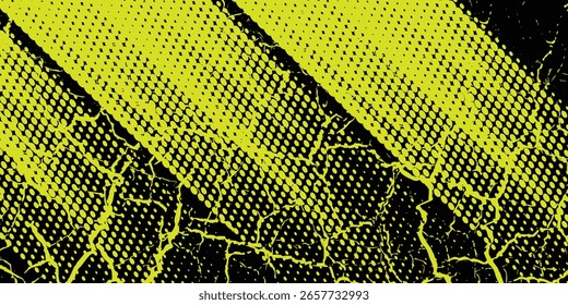 Diseño de Plantilla de Anuncio semitono amarillo con líneas de velocidad abstractas. Patrón de semitono amarillo con puntos y fondo de textura grunge. Estilo cómico de arte pop deportivo con puntos amarillos y negros.