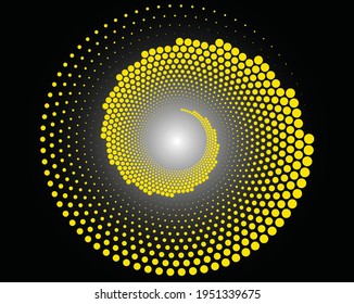 Yellow halftone dots in vortex form. Geometric art. Trendy design element.Circular and radial lines volute, helix.Segmented circle with rotation.Radiating arc lines.Grunge Paint Roller