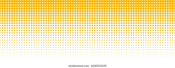Yellow halftone gradient texture. Vanishing cartoon polka dot background. Repeated dotted gradation pattern. Fading comic pop art overlay backdrop. Raster halfton patern effect wallpaper. Vector