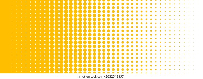 Textura de gradiente de meio-tom amarelo. Plano de fundo de ponto de polca de desenho animado de desaparecimento. Padrão de gradação pontilhado repetido. Desvanecimento da sobreposição de arte pop cômica. Papel de parede de efeito padrão de halfton rasterizado. Vetor