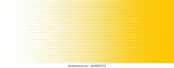 Yellow halftone gradient texture. Vanishing cartoon polka dot background. Repeated dotted gradation pattern. Fading comic pop art overlay backdrop. Orange halfton patern effect wallpaper. Vector