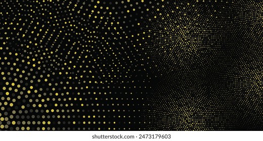 Yellow halftone on black background. Vector Yellow glitter with dotted sparkles or halftone shine pattern texture Pop Art Style Background