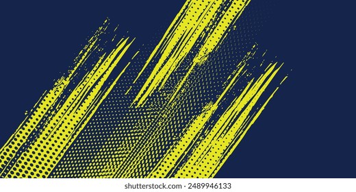 Semitono amarillo sobre fondo azul. Vector punteado destellos o semitono brillo patrón textura Pop Art Style Fondo. puntos semitono