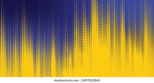 Medio tono amarillo sobre fondo azul. Vector punteado destellos o semitono brillo patrón textura Pop estilo de arte de fondo. Eps10