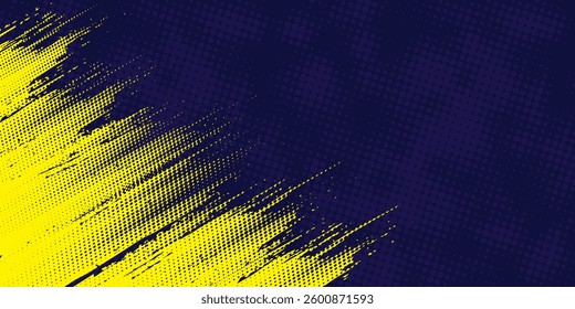 Yellow halftone on blue background. Vector halftone shine pattern retro pop art background