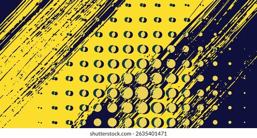 Yellow halftone on blue background. vector dotted sparkles, Dots pop art comics sport style vector dynamic.