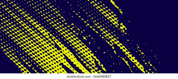 Medio tono amarillo sobre fondo azul. Vector punteado destellos o semitono brillo patrón textura Pop estilo de arte de fondo.